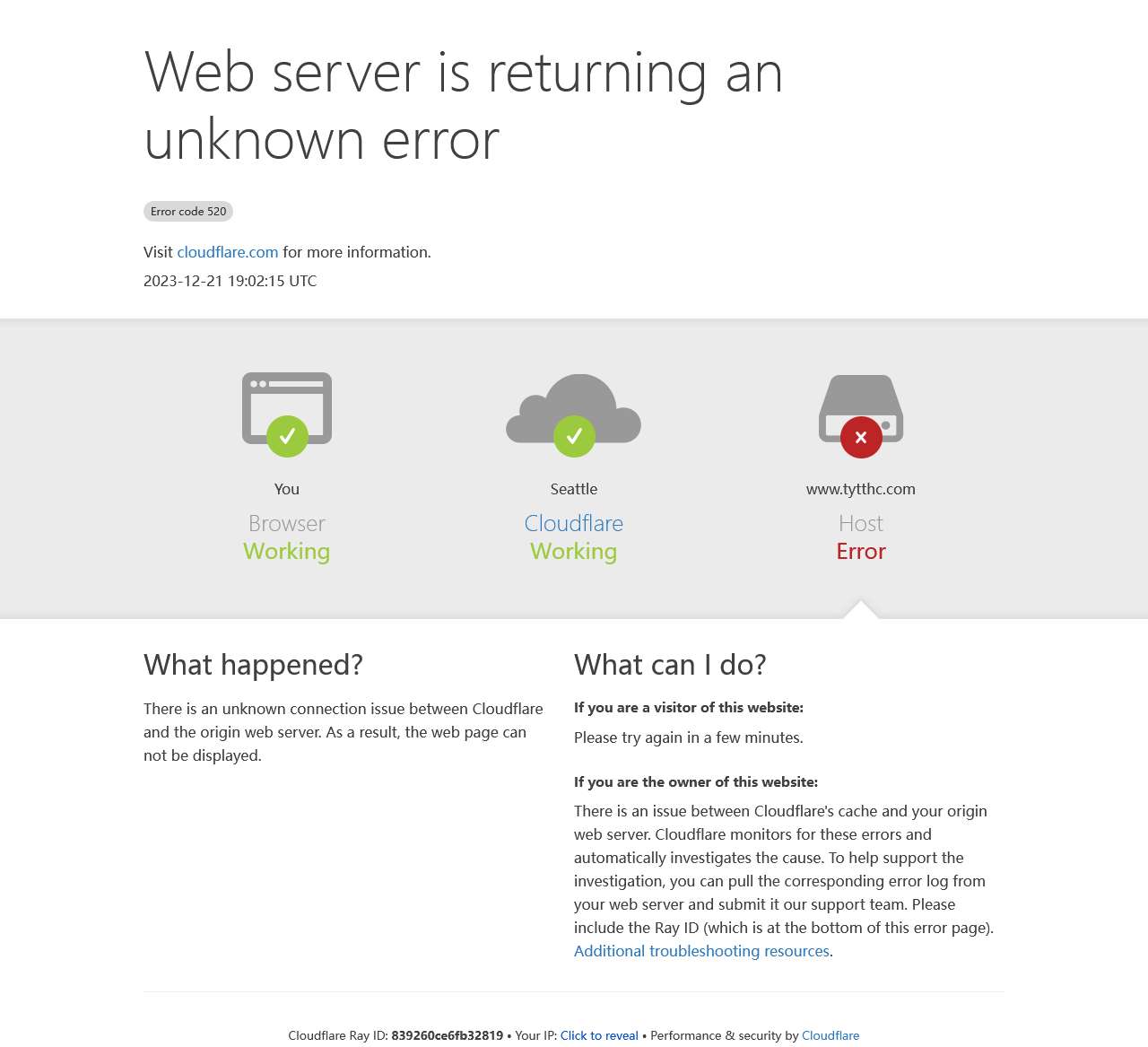 www.tytthc.com | 520: Web server is returning an unknown error
